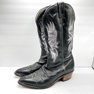 Boulet Men’s Size 9 Black Cowboy Boots Leather Silver Birds with Wings Western